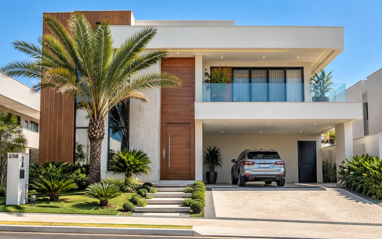 Casa moderna com carro na garagem em dia ensolarado